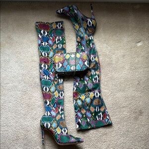 Colorful Snakeskin Thigh-High Boots and Clutch Crossbody Set